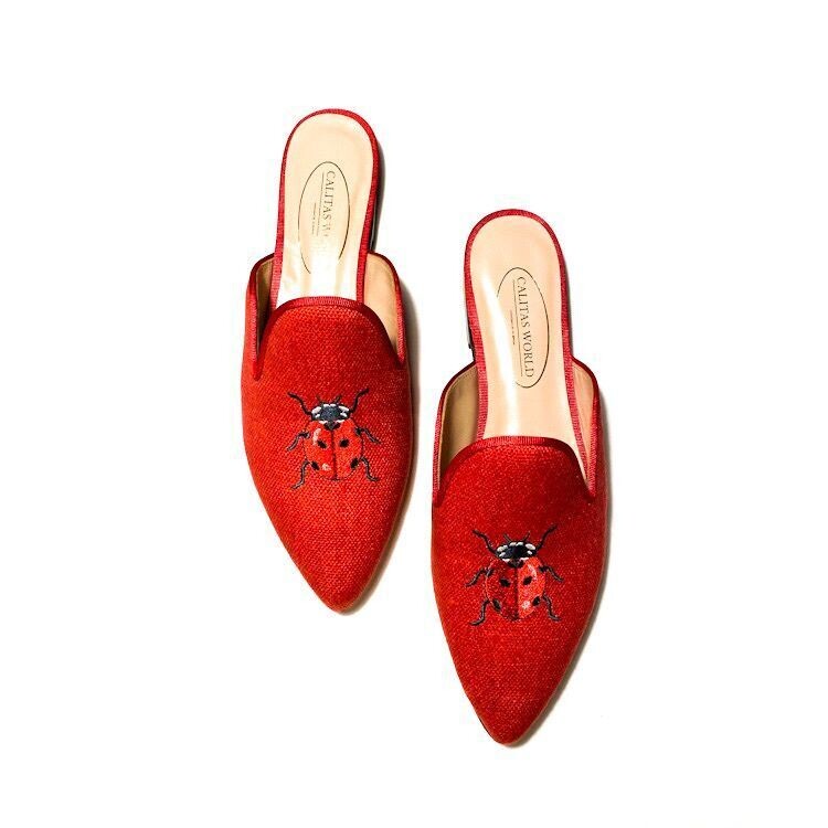 Calita Shoes ​MULES RED 14CO LINEN WITH RED LADYBUGS