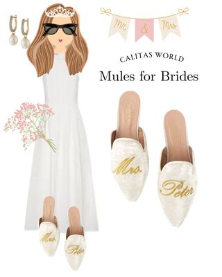 Calita Shoes ​MULES WHITE VELVET WEDDING EDITION MRS. AND PERSONALIZED NAME OR LAST NAME