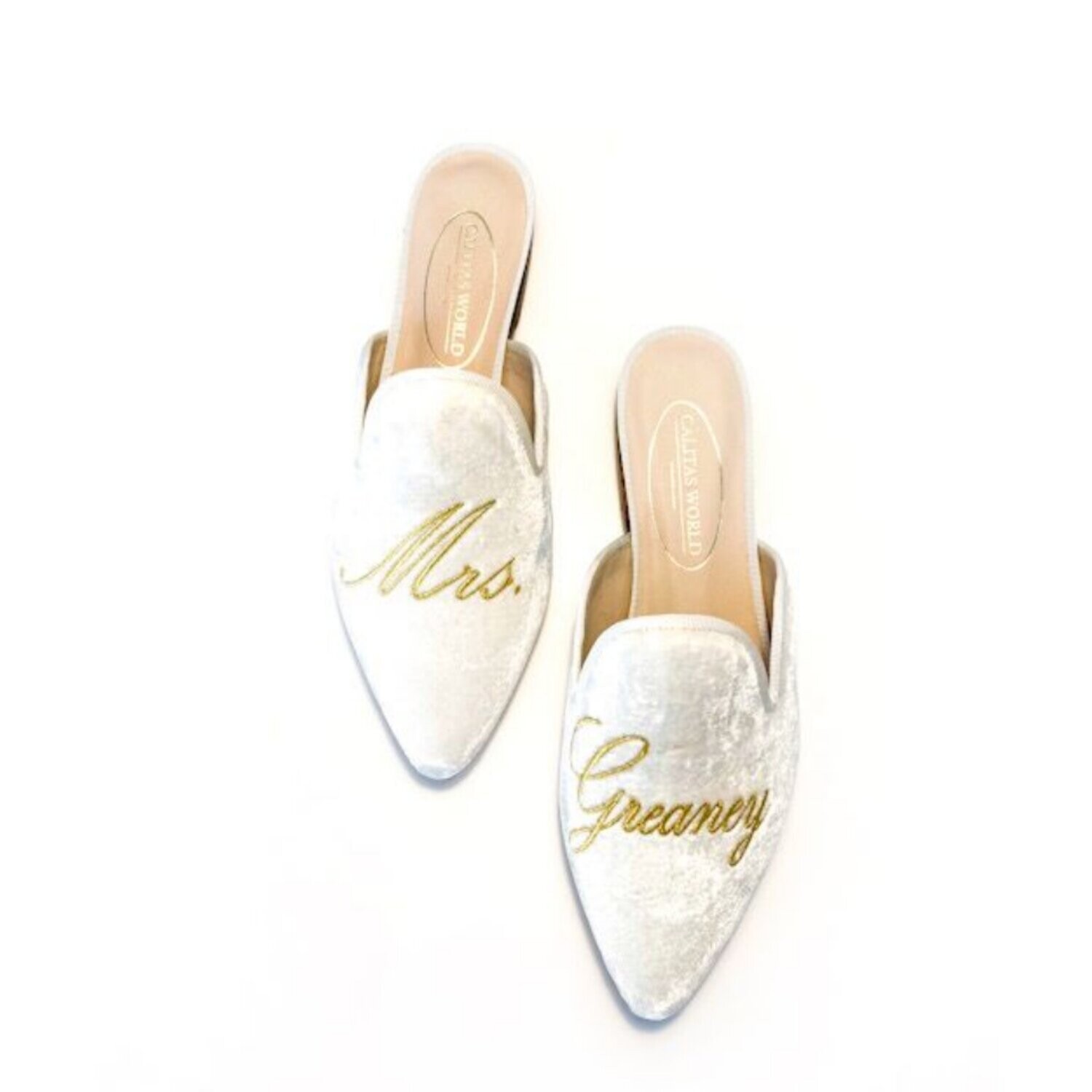 Calita Shoes ​MULES WHITE VELVET WEDDING EDITION MRS. AND PERSONALIZED NAME OR LAST NAME