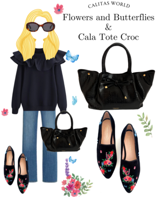 Calita Shoes ​POINTY BLACK VELVET FLOWERS AND BUTTERFLIES