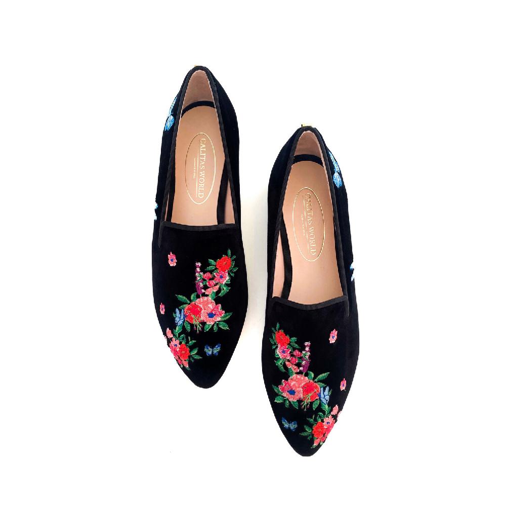 Calita Shoes ​POINTY BLACK VELVET FLOWERS AND BUTTERFLIES