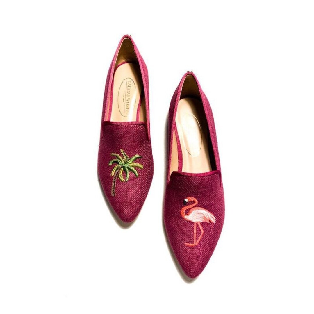 Calita Shoes ​POINTY FUCHSIA 515PV LINEN PALM TREE AND FLAMINGO