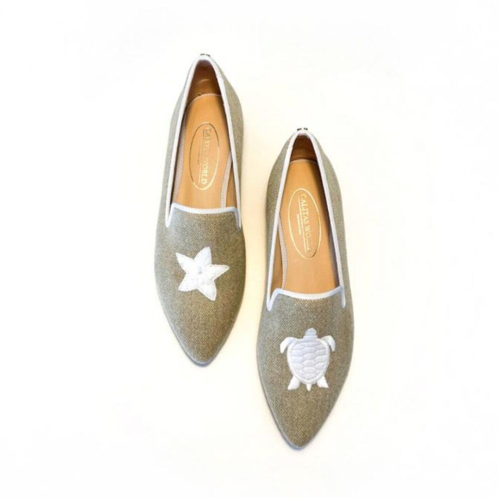 Calita Shoes ​POINTY NATURAL LINEN WHITE RIM STARFISH AND TURTLE