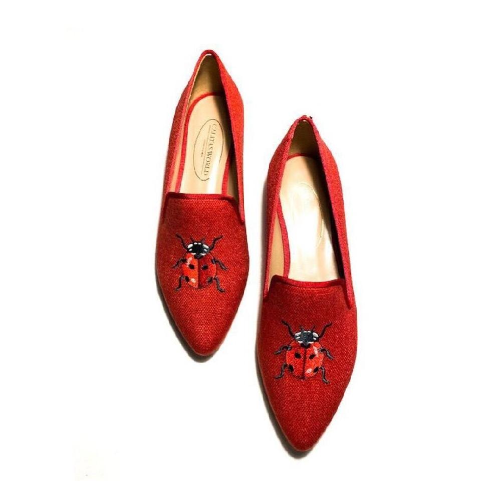 Calita Shoes ​POINTY RED 14CO LINEN WITH RED LADYBUGS