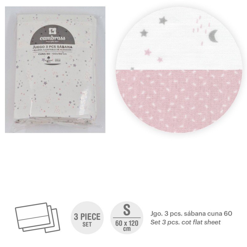 Cambrass TRÍPTICO SÁBANAS CUNA 60 60x120x1 CM SKY ROSA