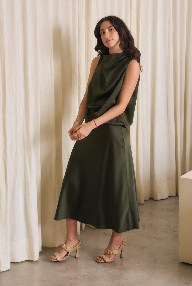 Camille Panama Olive Satin Skirt