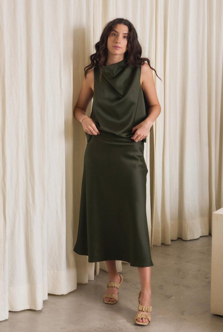 Camille Panama Olive Satin Skirt