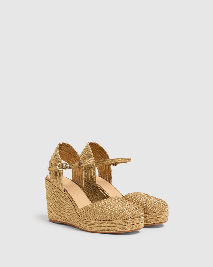 Castañer CASTAÑER | Alpargatas Carolyn en acabado trenzado metalizado cierre lateral de pulsera con hebilla metálica y cuña de 9cm. – Castañer