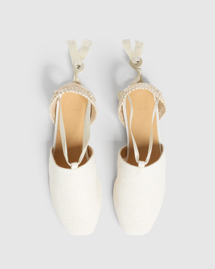 Castañer CASTAÑER | Alpargatas Planas New Gala En Lino Natural Metalizado Presenta Puntera Cerrada Cuadrada Cierre Mediante Lazada. – Castañer