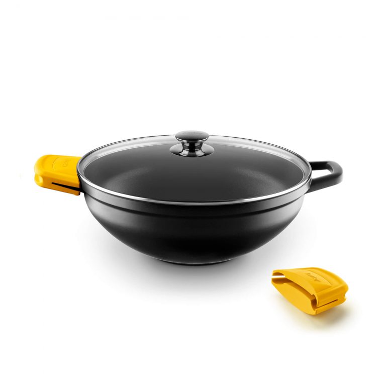 Castey Cacerola Cóncava Castey Classic Alta Antiadherente De Aluminio Fundido Con Tapadera Y Asas Desmontables De Silicona Amarillo – Vitro Gas