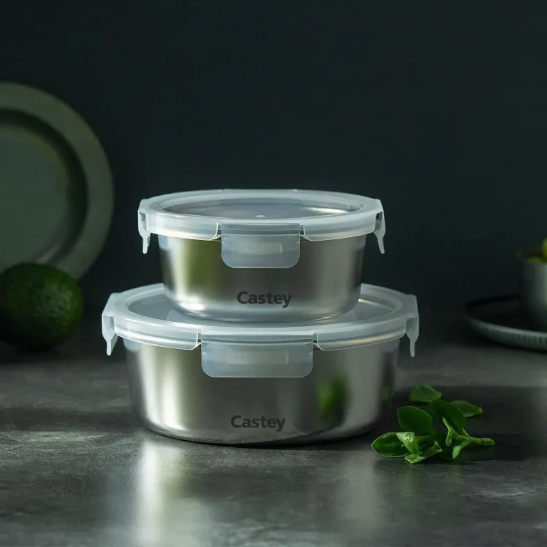 Castey Envase Redondo De Acero Inoxidable Para Microondas
