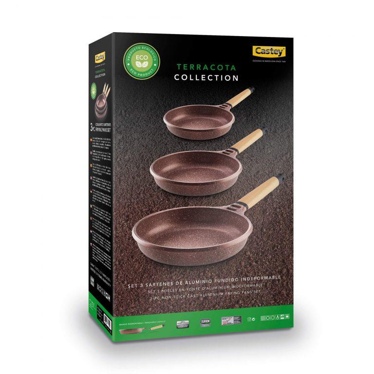 Castey Set Sartenes Castey Terracota de Aluminio Fundido con Antiadherente con Relieve y Mango Desmontable