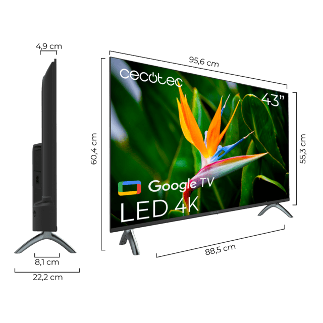 Cecotec A4 Series ALU40043S Televisión LED De 43" Con Resolución 4K UHD Sistema Operativo Google TV Dolby Audio HDMI 2.1 USB 3.0 HDR10 16 Gb ROM Google Voice Assitant Y Chromecast. Televisión LED De 43" 