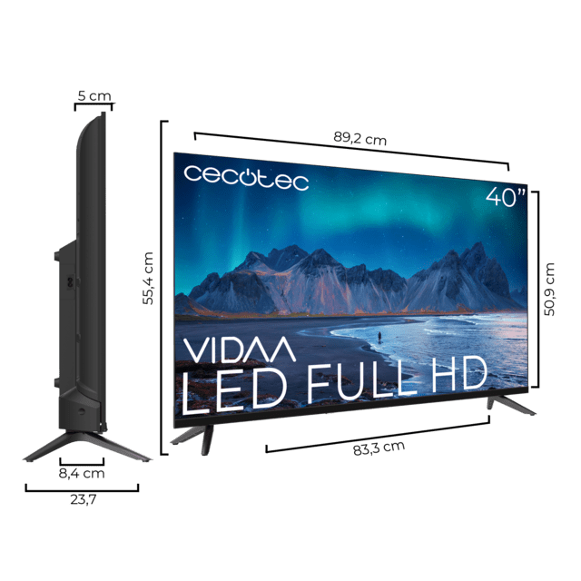 Cecotec A5 Series ALF50040 Televisión LED 40” Con Resolución Full HD Con Sistema Dolby Smart TV VIDAA WiFi Integrado Salida De Auriculares 3 HDMI Y 2 USB Altavoces 16W Televisión LED 40”