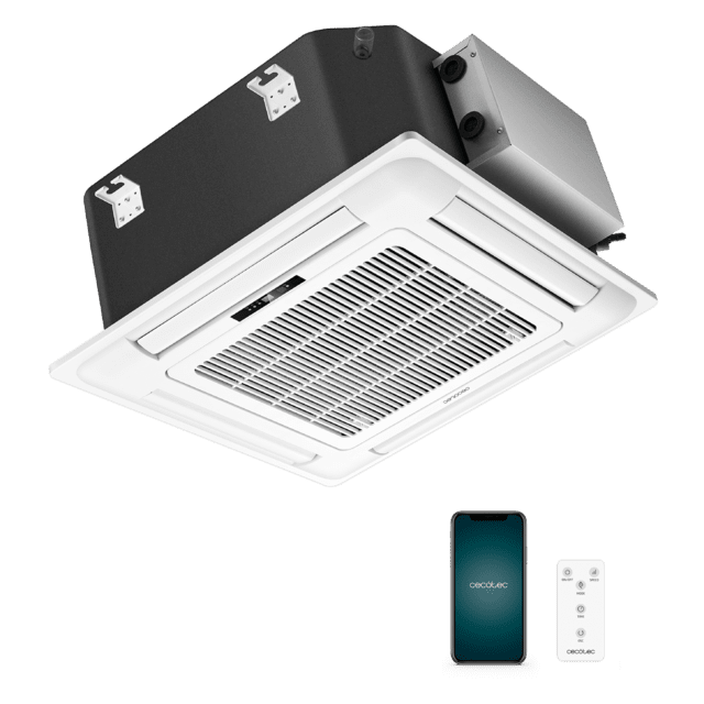 Cecotec AirClima 12000 Cassette Connected Aire Acondicionado De Cassette De 12000 BTU Con Bomba De Calor Mando A Distancia Pantalla LED Y Control Por Wifi. Sistema Inverter. 5 Modos Y 8 Velocidades. Deshumidificación Diaria De