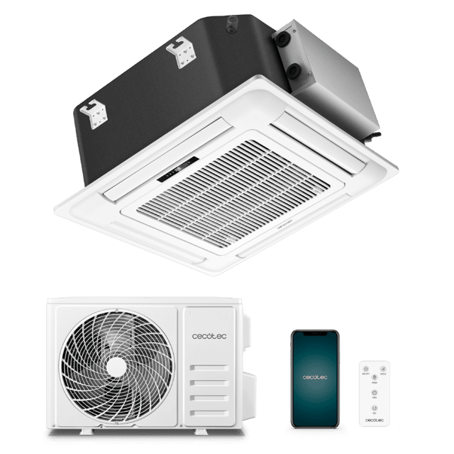 Cecotec AirClima 12000 Cassette Connected Aire acondicionado de cassette de 12000 BTU con bomba de calor mando a distancia pantalla LED y control por wifi. Sistema Inverter. 5 modos y 8 velocidades. Deshumidificación diaria de
