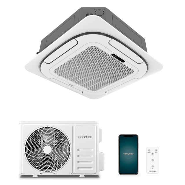 Cecotec AirClima 18000 Cassette Connected Aire acondicionado de cassette de 18000 BTU con bomba de calor mando a distancia pantalla LED y control por wifi. Sistema Inverter. 5 modos y 8 velocidades. Deshumidificación diaria de