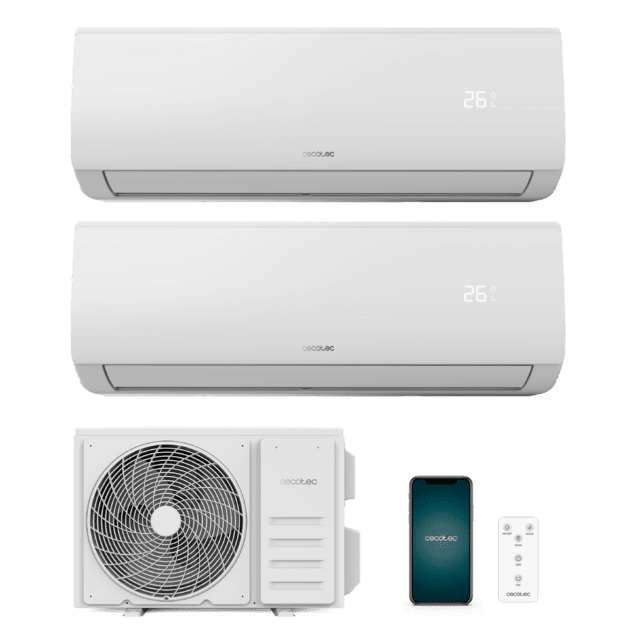 Cecotec AirClima 18000 Multi Connected Aire acondicionado multi split compuesto por dos unidades interiores una de 9000 BTU y otra de 12000 BTU más una unidad exterior de 18000 BTU. Aire acondicionado multi split compuesto por