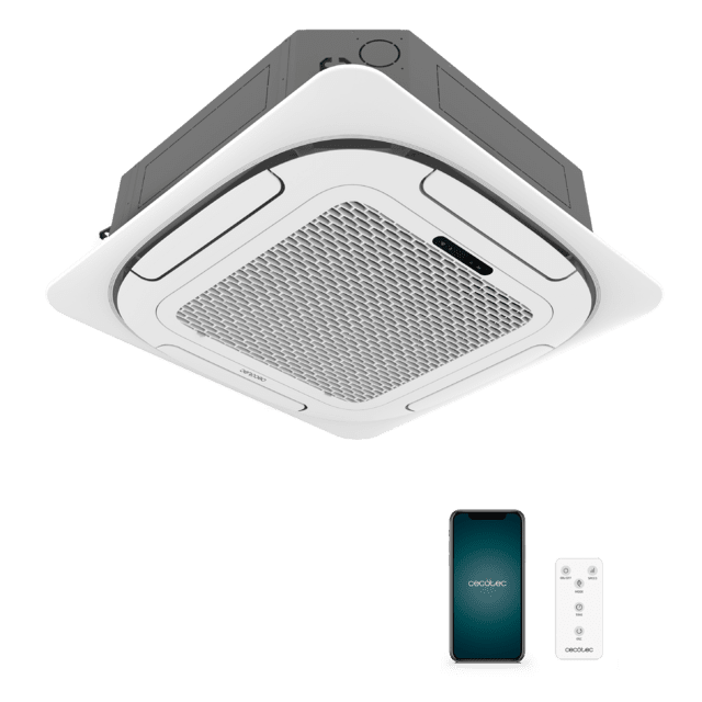Cecotec AirClima 24000 Cassette Connected Aire Acondicionado De Cassette De 24000 BTU Con Bomba De Calor Mando A Distancia Pantalla LED Y Control Por Wifi. Sistema Inverter. 5 Modos Y 8 Velocidades. Deshumidificación Diaria De