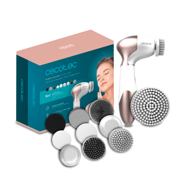 Cecotec Bamba FaceCare TotalClean Cepillo facial con 9 cabezales para cara cuerpo y pies con giro de 360º un diseño ergonómico y con bolsa de viaje. Cepillo facial 