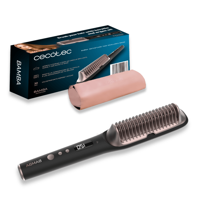 Cecotec Bamba InstantCare 1400 Excellence Brush. Cepillo Alisador Eléctrico con Revestimiento de Cerámica Queratina Aceite de Argán y Generador de Iones Temperatura de 120º a 220º Bolsa de viaje Cepillo alisador 