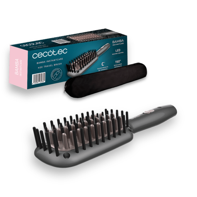 Cecotec Bamba InstantCare 800 Travel Brush. Cepillo Alisador de Viaje de 26 W Revestimiento de Cerámica y Turmalina Temperatura máxima 190º Calentamiento en 90 Segundos Bolsa de Viaje Cepillo alisador