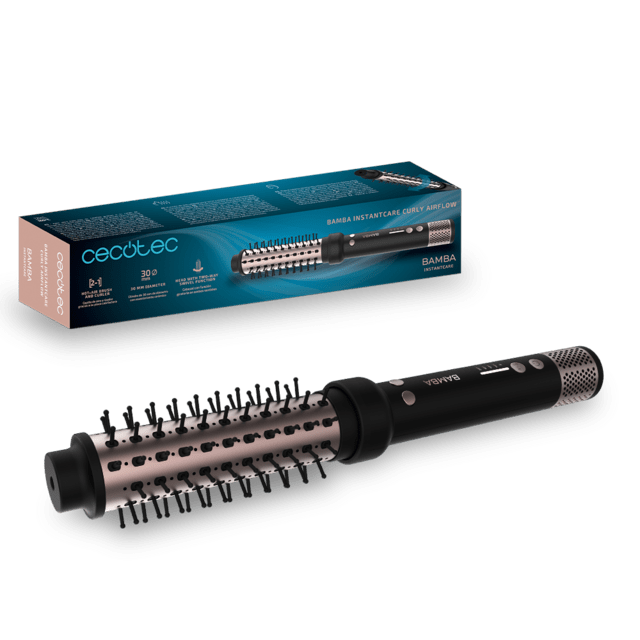 Cecotec Bamba InstantCare Curly AirFlow Cepillo rizador con aire caliente y placa calefactora con revestimiento de cerámica. Cilindro de 34 mm con función giratoria hacia los dos sentidos y temperatura regulable. Cepillo rizad