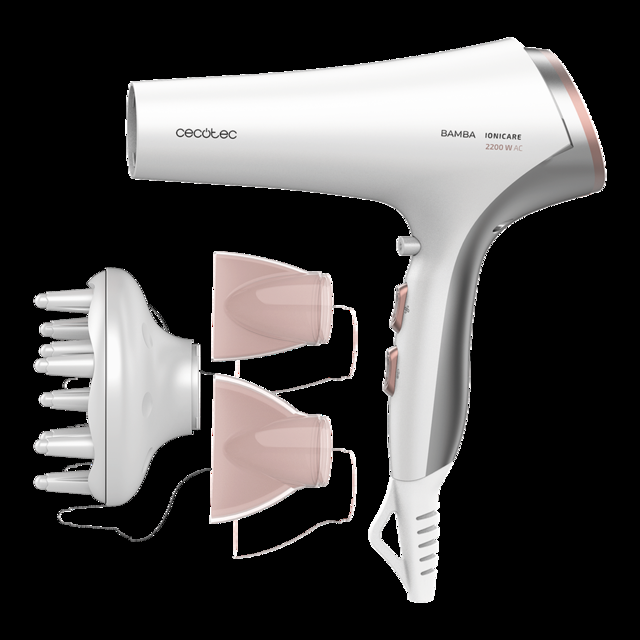 Cecotec Bamba Ionicare 5320 Flashlook. Secador de pelo con Potencia 2200 W Ion real 2 Boquillas Difusor Haircare Función Aire frío 2.5 m cable 3 Temperaturas 2 Velocidades Secador AC de 2200W con dos concentradores y difusor