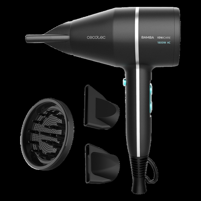 Cecotec Bamba IoniCare 5500 PowerStyle Secador de pelo Ionico de diseño con motor AC de gran caudal de aire con iones reales sistema Perfect Colour con difusor y accesorios profesionales (Negro) Secador iónico de pelo con difu