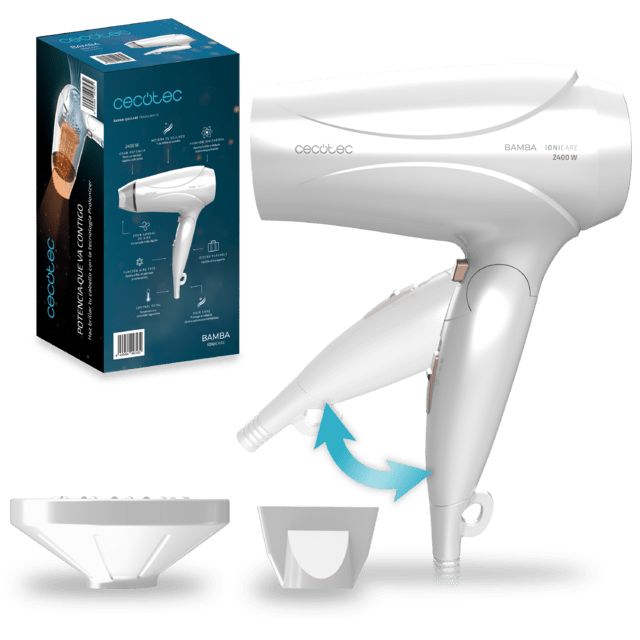 Cecotec Bamba IoniCare TravelWhite. Secador de Pelo de Viaje Básico con Motor Profesional 2400W Potente caudal de aire 2 velocidades y 2 temperaturas (Blanco) Secador de pelo de viaje