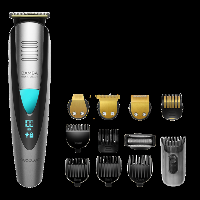 Cecotec Bamba PrecisionCare Multigrooming Pro. Afeitadora Multifunción 5 en 1 waterproof batería de litio cuchillas de revestimiento de titanio pantalla digital 13 ajustes de longitud 6 peines Máquina de afeitar eléctrica cu