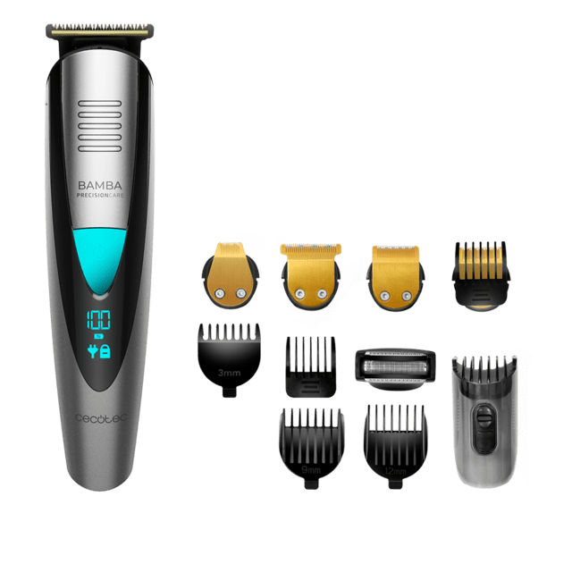 Cecotec Bamba PrecisionCare Multigrooming Pro M. Afeitadora Multifunción 5 en 1 waterproof batería de litio cuchillas de revestimiento de titanio pantalla digital 13 ajustes de longitud 6 peines Máquina de afeitar eléctrica