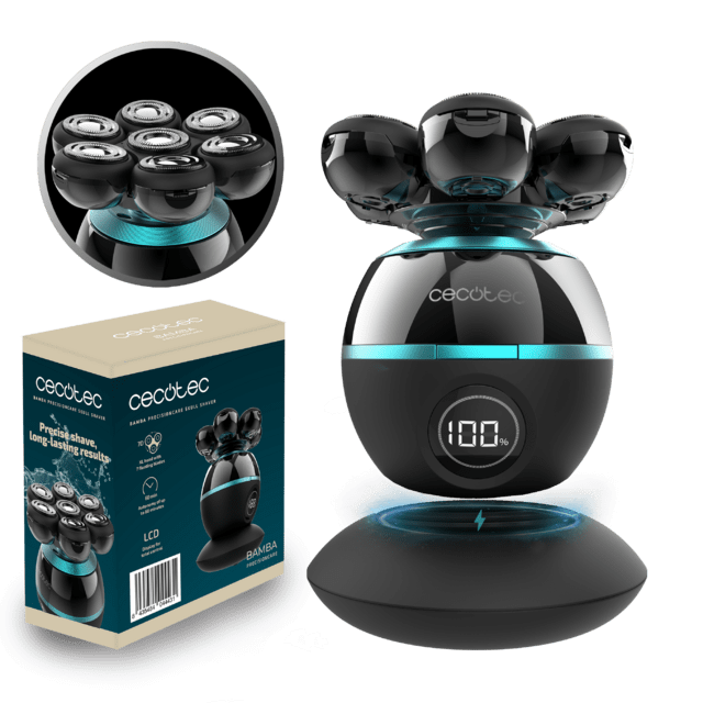 Cecotec Bamba PrecisionCare Skull Afeitadora de cabeza con 7 cuchillas flotantes pantalla base de carga y resistente al agua (IPX6). Afeitadora de cabeza 