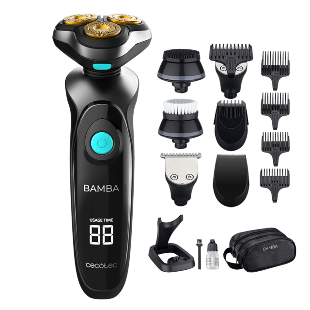 Cecotec Bamba PrecisionCare TwistGroom 10in1.Afeitadora Multigrooming con Base de carga Batería de Litio Cuchillas de Acero Inox con Recubrimiento de Titanio Pantalla Digital y Waterproof Multigroomig 10 en 1