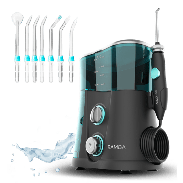 Cecotec Bamba ToothCare 1200 Jet Pro. Irrigador Bucal Con 7 Boquillas Hasta 1250-1700 Pulsos Por Minuto Pantalla LED Capacidad 1000 Ml 10 Ajustes De Presión IPX4 Desinfección Con Luz UV Irrigador Bucal