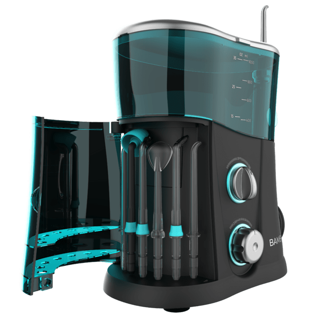 Cecotec Bamba ToothCare 1200 Jet Pro. Irrigador Bucal Con 7 Boquillas Hasta 1250-1700 Pulsos Por Minuto Pantalla LED Capacidad 1000 Ml 10 Ajustes De Presión IPX4 Desinfección Con Luz UV Irrigador Bucal