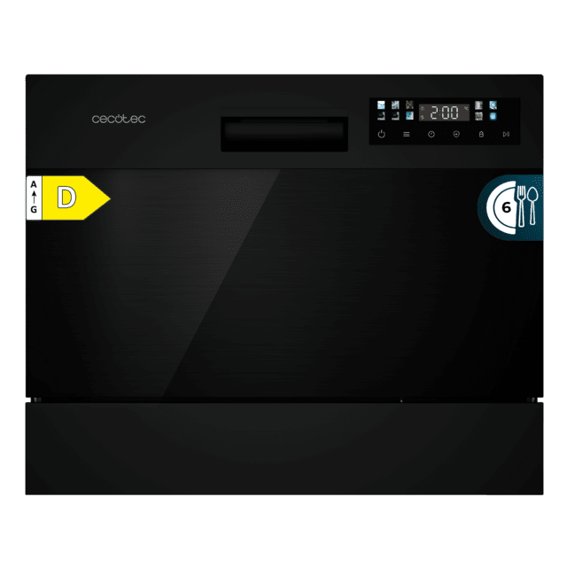 Cecotec Bolero Aguazero 2300 Dark Lavavajillas negro compacto de 6 cubiertos 8 programas y clase D. Con pantalla Color Touch Panel y función Delay Start Mini lavavajillas pequeño