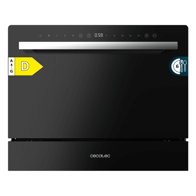 Cecotec Bolero Aguazero 2400 Black Glass Lavavajiillas compacto de 6 servicios acabado cristal negro con clase energética D 5 programas Touch Control Panel funciones Delay Start y Child Lock y cesta para cubiertos Lavavajiillas