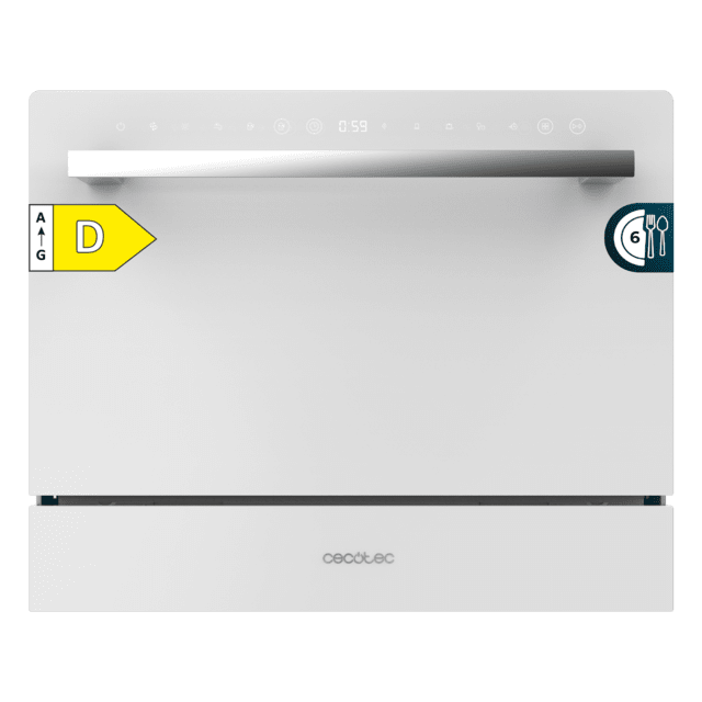 Cecotec Bolero Aguazero 2400 White Glass Lavavajiillas compacto de 6 servicios acabado cristal blanco con clase energética D 5 programas Touch Control Panel funciones Delay Start y Child Lock y cesta para cubiertos Lavavajiilla