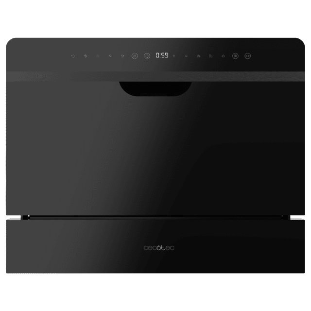 Cecotec Bolero Aguazero 2500 S-BI Black Glass Lavavajiillas Semi-integrable Compacto De 6 Servicios Acabado Cristal Negro Con Clase Energética D 5 Programas Touch Control Panel Funciones Delay Start Y Child Lock Y Cesta Para Cu