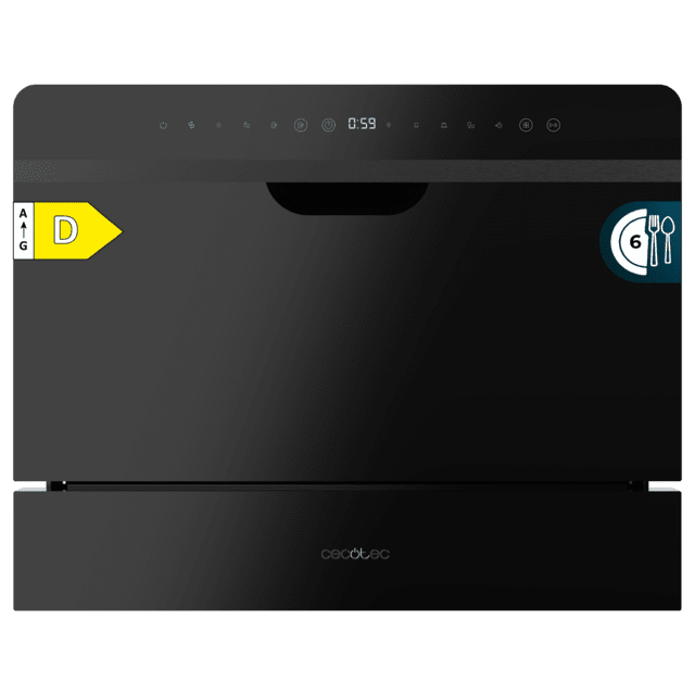 Cecotec Bolero Aguazero 2500 S-BI Black Glass Lavavajiillas semi-integrable compacto de 6 servicios acabado cristal negro con clase energética D 5 programas Touch Control Panel funciones Delay Start y Child Lock y cesta para cu