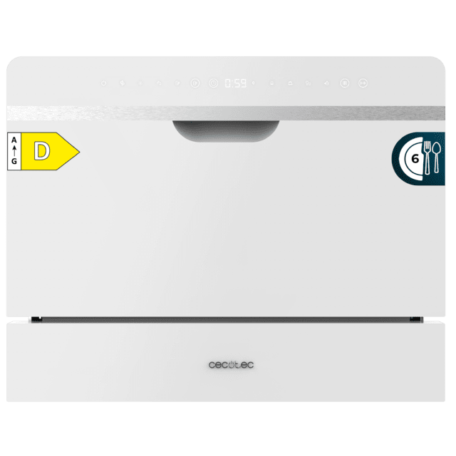 Cecotec Bolero Aguazero 2500 S-BI White Glass Lavavajiillas semi-integrable compacto de 6 servicios acabado cristal blanco con clase energética D 5 programas Touch Control Panel funciones Delay Start y Child Lock y cesta para c