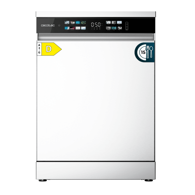 Cecotec Bolero Aguazero 6210 D Lavavajillas Bolero de 60cm blanco 15 cubiertos Clase D Pantalla FullColor XXL Tercera bandeja 8 programas Dual Zone Wash Dry+ Bandeja Ajustable Machine Care Media Carga Delay Start y Child Lock. L