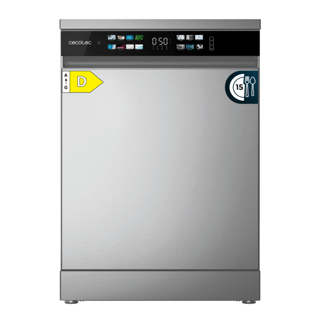 Cecotec Bolero Aguazero 6210 Inox D Lavavajillas Bolero de 60cm inox 15 cubiertos Clase D Pantalla FullColor XXL Tercera bandeja 8 programas Dual Zone Wash Dry+ Bandeja Ajustable Machine Care Media Carga Delay Start y Child Lock
