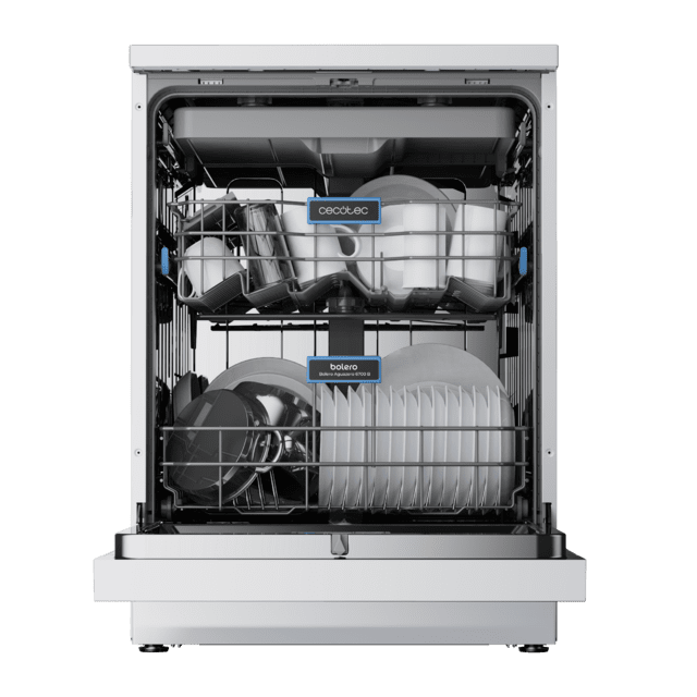 Cecotec Bolero Aguazero 6700 B Lavavajillas Bolero De 60cm Blanco 15 Cubiertos Clase B Motor Inverter Plus Pantalla FullColor XXL 8 Programas O2 Dry Turbo Dry+ Dual Zone Wash Long Storage Bandeja Ajustable Machine Care Media Car