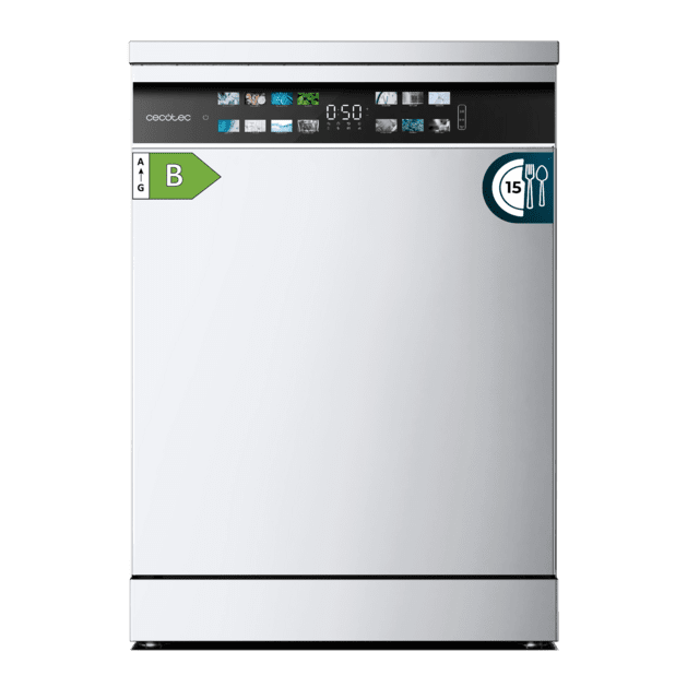 Cecotec Bolero Aguazero 6700 B Lavavajillas Bolero de 60cm blanco 15 cubiertos Clase B Motor Inverter Plus Pantalla FullColor XXL 8 programas O2 Dry Turbo Dry+ Dual Zone Wash Long Storage Bandeja Ajustable Machine Care Media Car