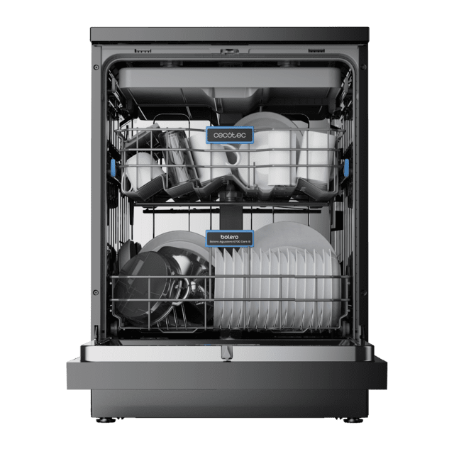 Cecotec Bolero Aguazero 6700 Dark B Lavavajillas Bolero De 60cm Dark 15 Cubiertos Clase B Motor Inverter Plus Pantalla FullColor XXL 8 Programas O2 Dry Turbo Dry+ Dual Zone Wash Long Storage Bandeja Ajustable Machine Care Media