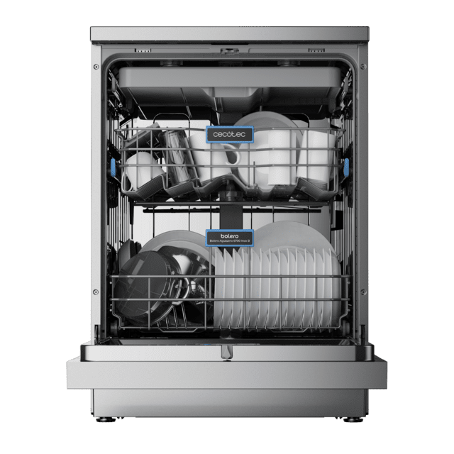 Cecotec Bolero Aguazero 6700 Inox B Lavavajillas Bolero De 60cm Inox 15 Cubiertos Clase B Motor Inverter Plus Pantalla FullColor XXL 8 Programas O2 Dry Turbo Dry+ Dual Zone Wash Long Storage Bandeja Ajustable Machine Care Media