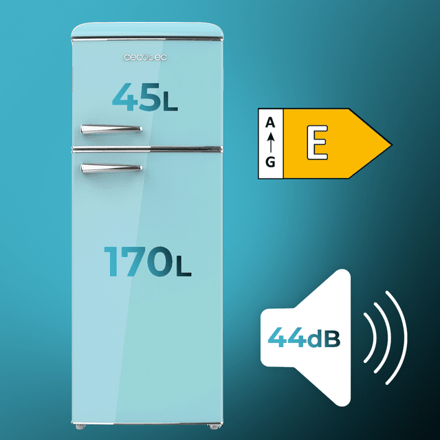 Cecotec Bolero CoolMarket 2D Origin 215 Blue E Frigorífico Retro Con Capacidad De 215L Clase E Luz Interior Tirador Cromado Bandejas Cristal Y Control De Temperatura. Frigorífico Retro / Vintage Azul 215 L