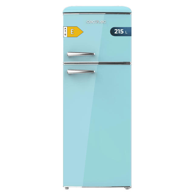 Cecotec Bolero CoolMarket 2D Origin 215 Blue E Frigorífico Retro con capacidad de 215L clase E Luz interior tirador cromado bandejas cristal y control de temperatura. Frigorífico retro / vintage azul 215 L